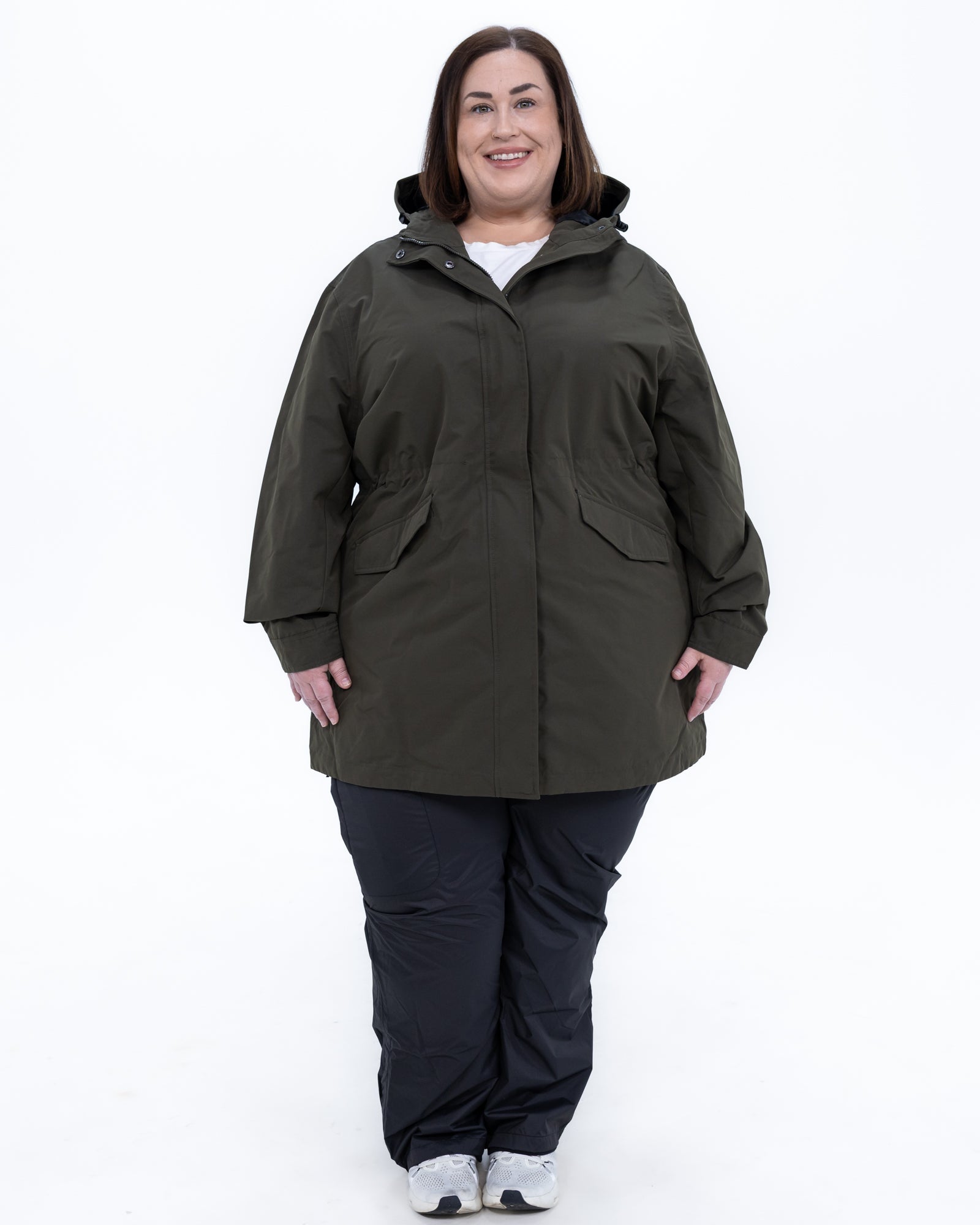 Plus size berwick rain jacket olive 6 | Model is 5'4" and wears a 3X