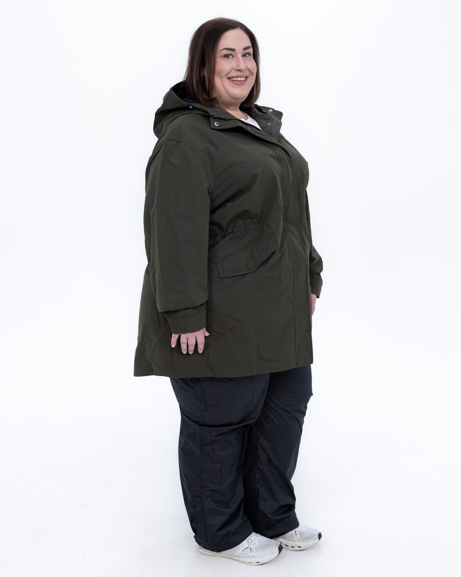 Plus size berwick rain jacket olive 7 | Model is 5'4" and wears a 3X
