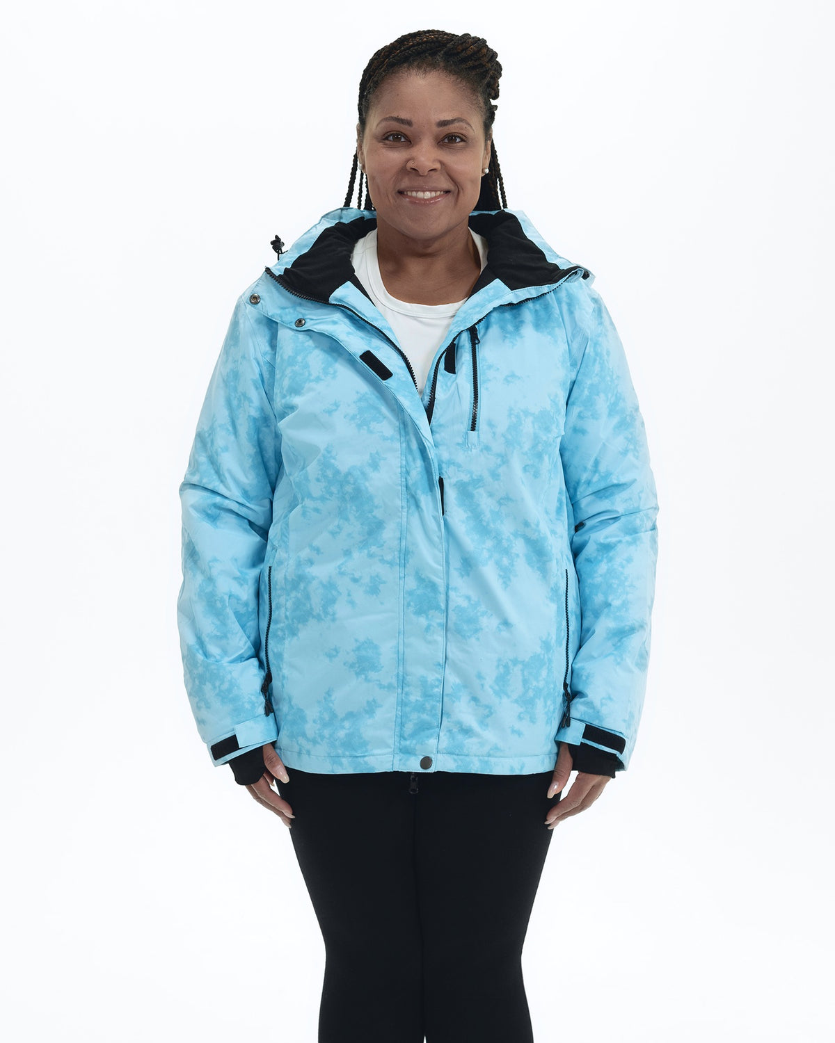Blue Marble Bevel plus size insulated winter jacket, front | Model is 5'6" and wears a 1X