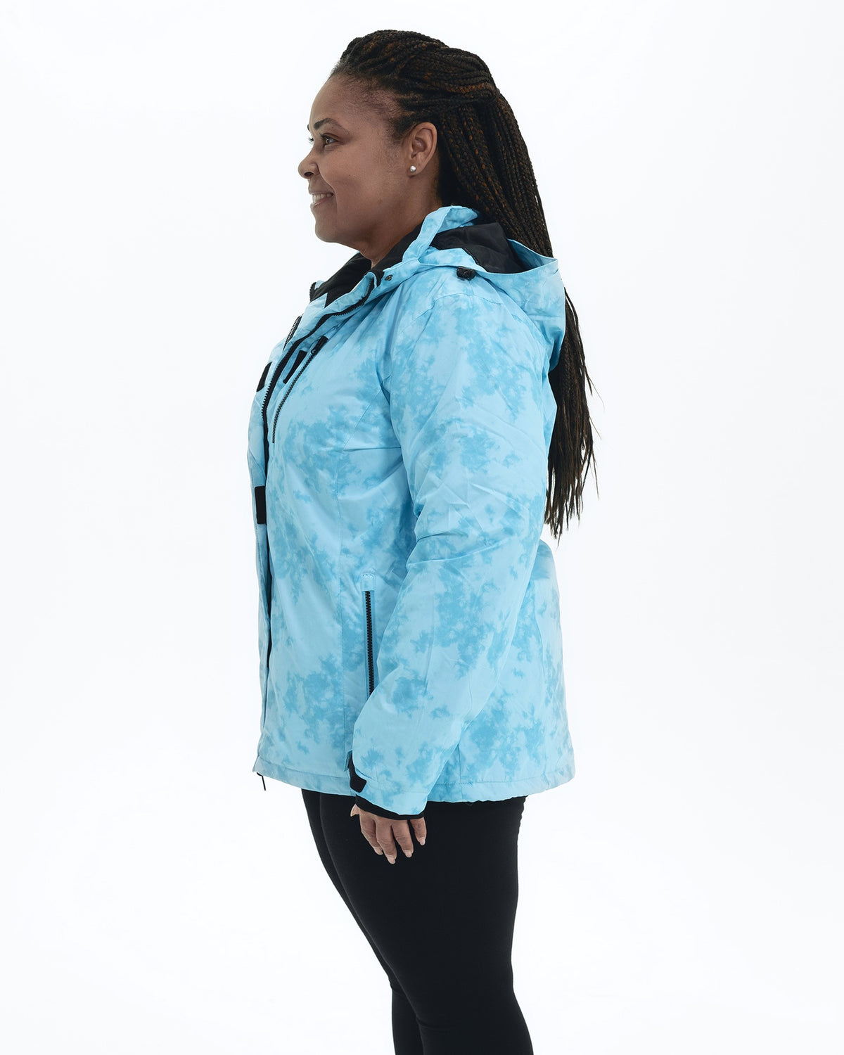 Blue Marble Bevel plus size insulated winter jacket, side | Model is 5'6" and wears a 1X