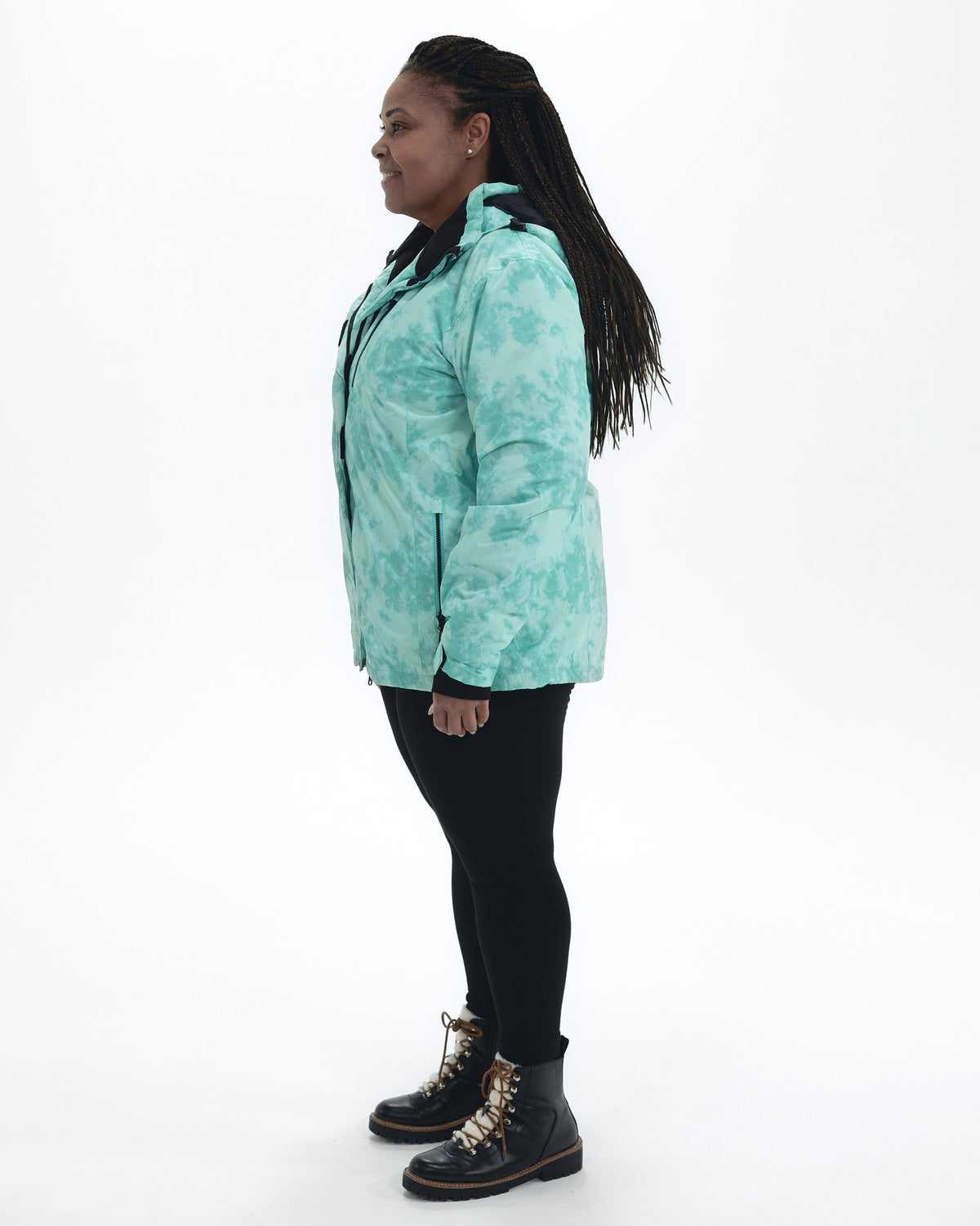 Mint Marble Bevel plus size insulated winter jacket, side, full length | Model is 5'6" and wears a 1X