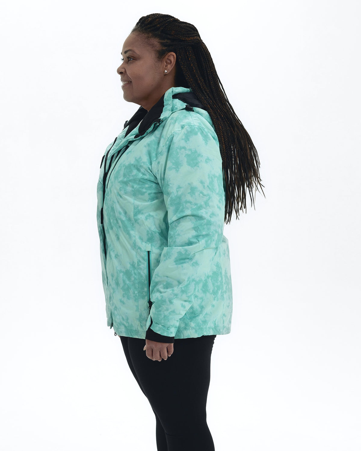 Mint Marble Bevel plus size insulated winter jacket, side | Model is 5'6" and wears a 1X