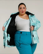 Mint Marble Bevel plus size insulated winter jacket, worn open showing the lining
