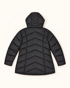 Black The Geneva plus size mid length synthetic down jacket, sizes 1X to 6X, flat lay back