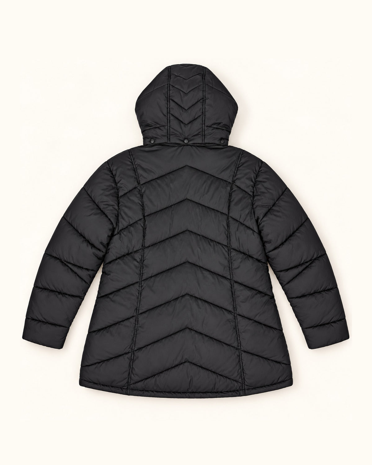 Black The Geneva plus size mid length synthetic down jacket, sizes 1X to 6X, flat lay back