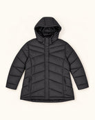 Black The Geneva plus size mid length synthetic down jacket, sizes 1X to 6X, flat lay front