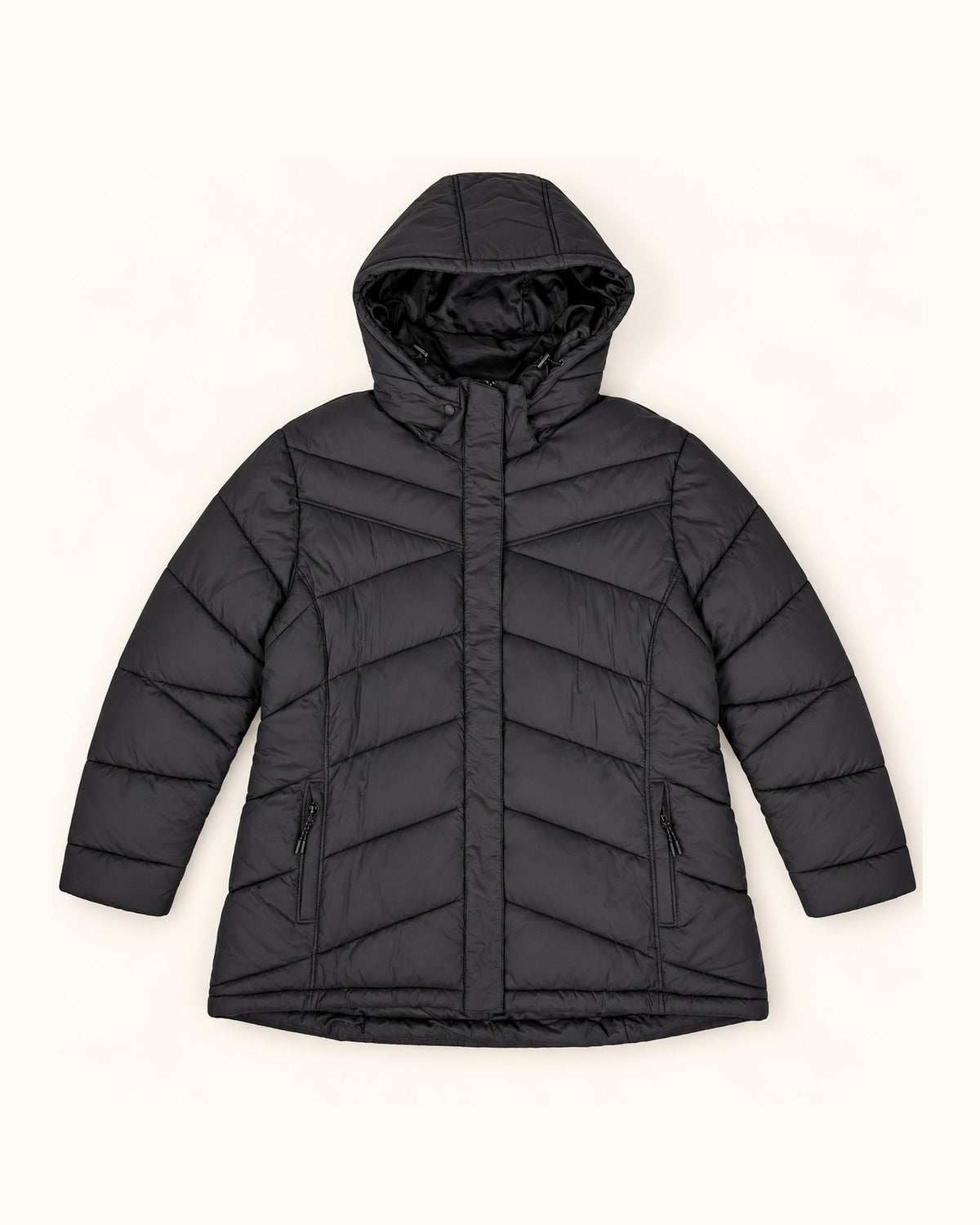 Black The Geneva plus size mid length synthetic down jacket, sizes 1X to 6X, flat lay front