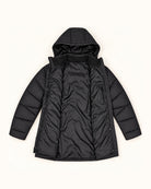 Black The Geneva plus size mid length synthetic down jacket, sizes 1X to 6X, flat lay interior