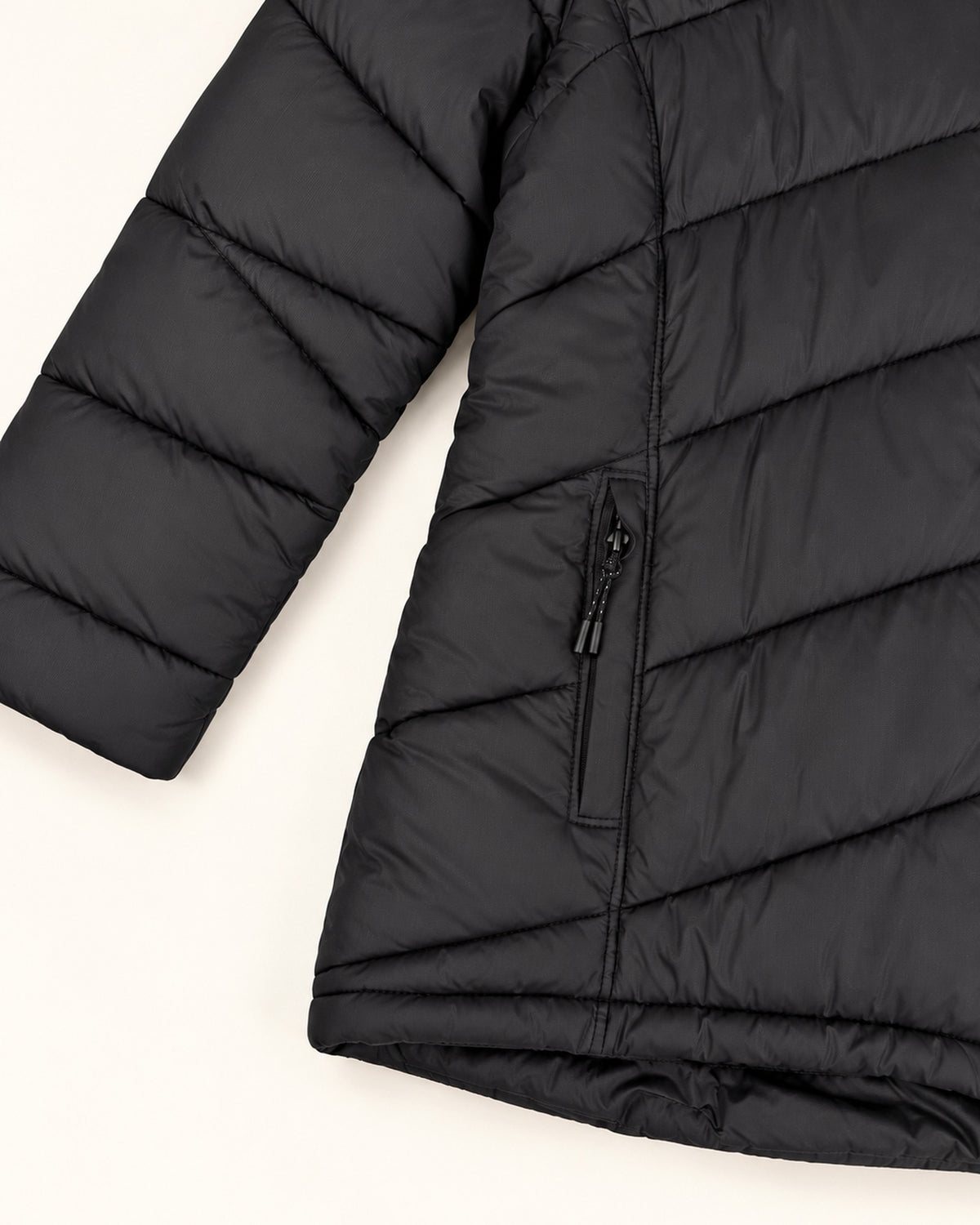 Black The Geneva plus size mid length synthetic down jacket, sizes 1X to 6X, flat lay pocket detail