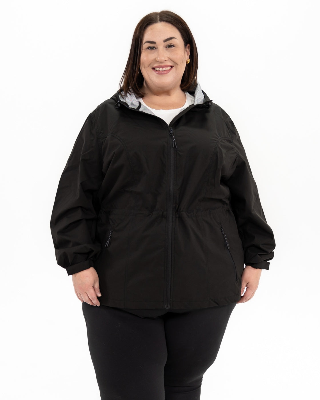 Plus size mystique rain jacket black 1 | Model is 5'4" and wears a 3X