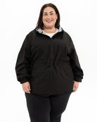 Plus size mystique rain jacket black 1 | Model is 5'4" and wears a 3X