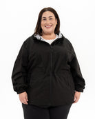 Plus size mystique rain jacket black 2 | Model is 5'4" and wears a 3X