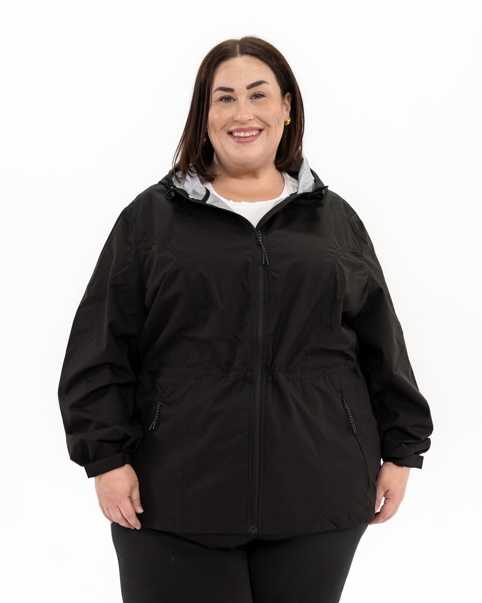 Plus size mystique rain jacket black 2 | Model is 5'4" and wears a 3X