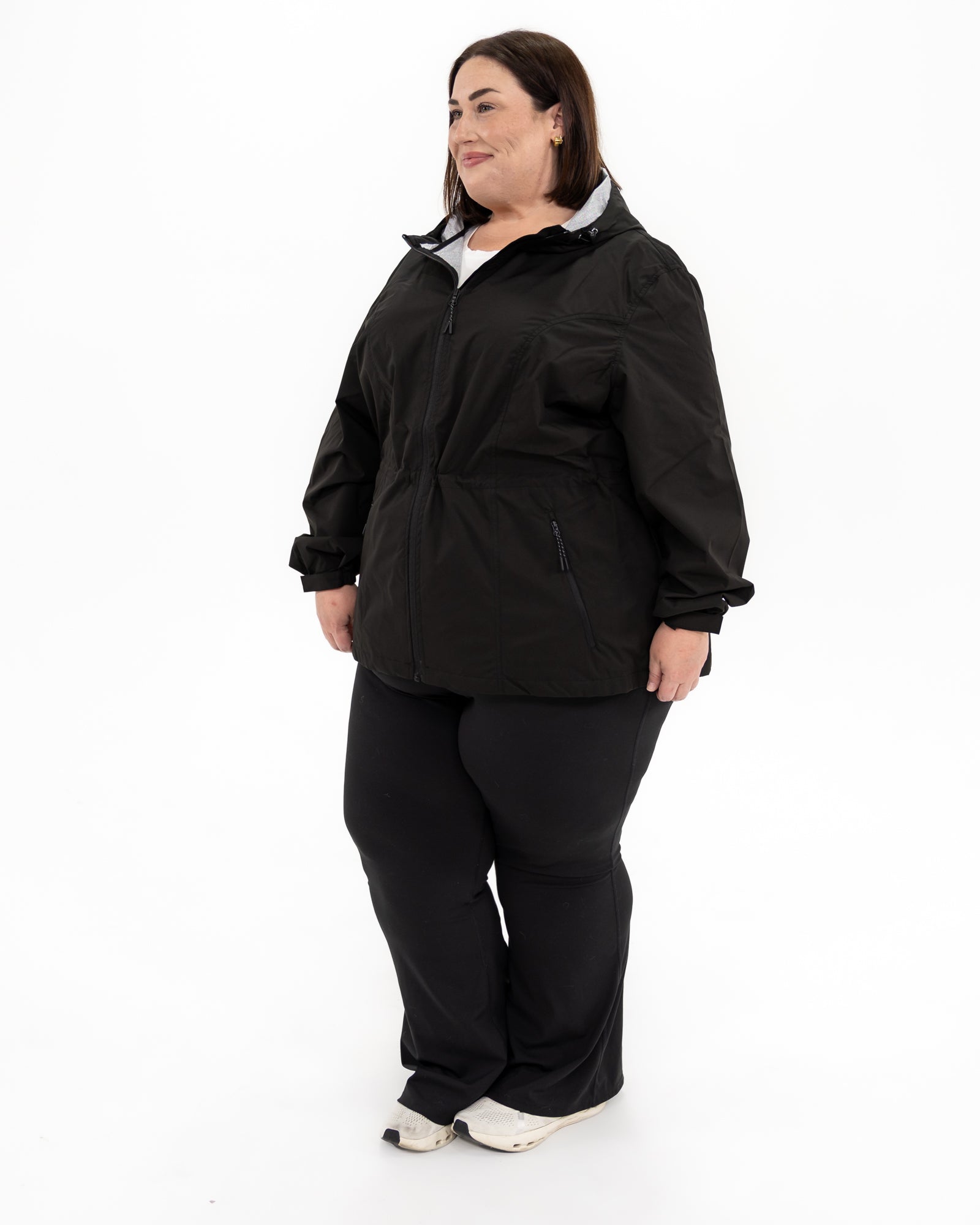 Plus size mystique rain jacket black 3 | Model is 5'4" and wears a 3X