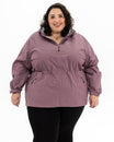 Plus size mystique rain jacket mauve 1 | Model is 5'3" and wears a 5X