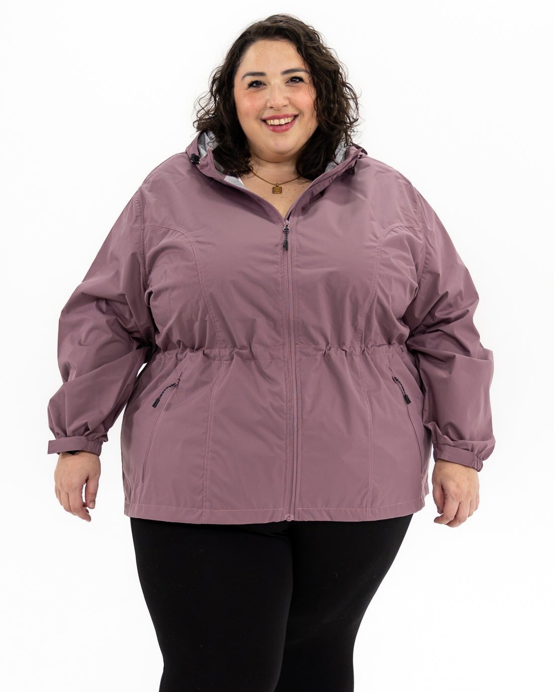 Plus size mystique rain jacket mauve 1 | Model is 5'3" and wears a 5X