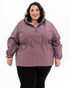 Plus size mystique rain jacket mauve 1 | Model is 5'3" and wears a 5X
