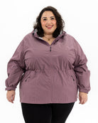 Plus size mystique rain jacket mauve 2 | Model is 5'3" and wears a 5X