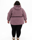 Plus size mystique rain jacket mauve 3 | Model is 5'3" and wears a 5X