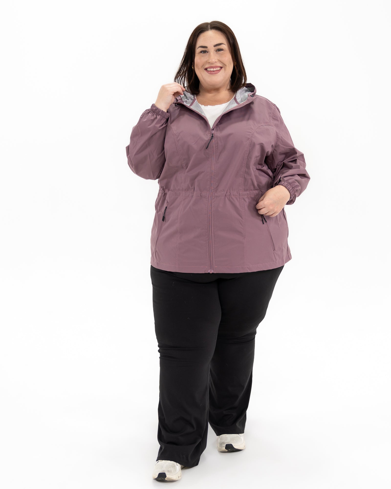 Plus size mystique rain jacket mauve 4 | Model is 5'3" and wears a 5X