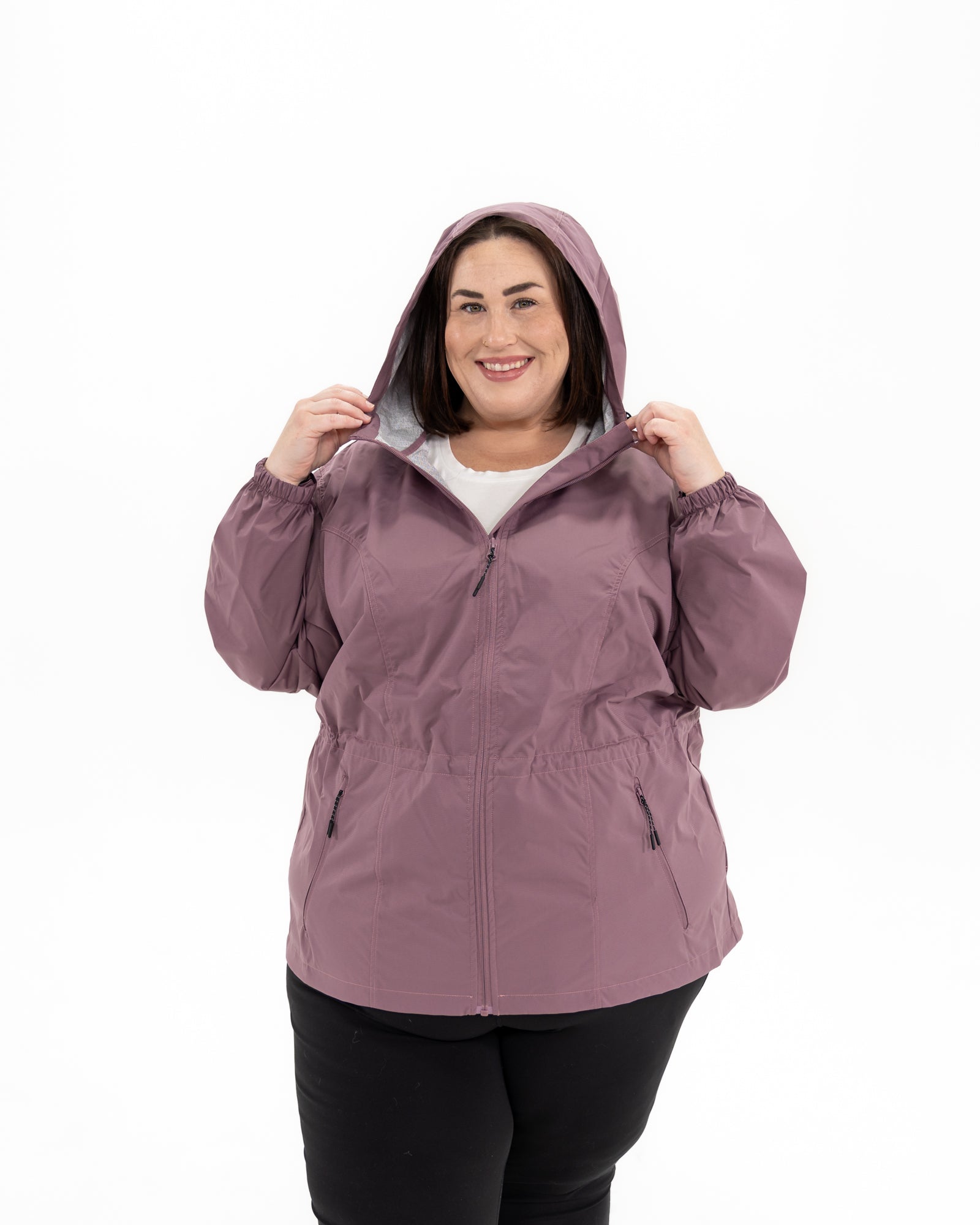 Plus size mystique rain jacket mauve 9 | Model is 5'3" and wears a 5X