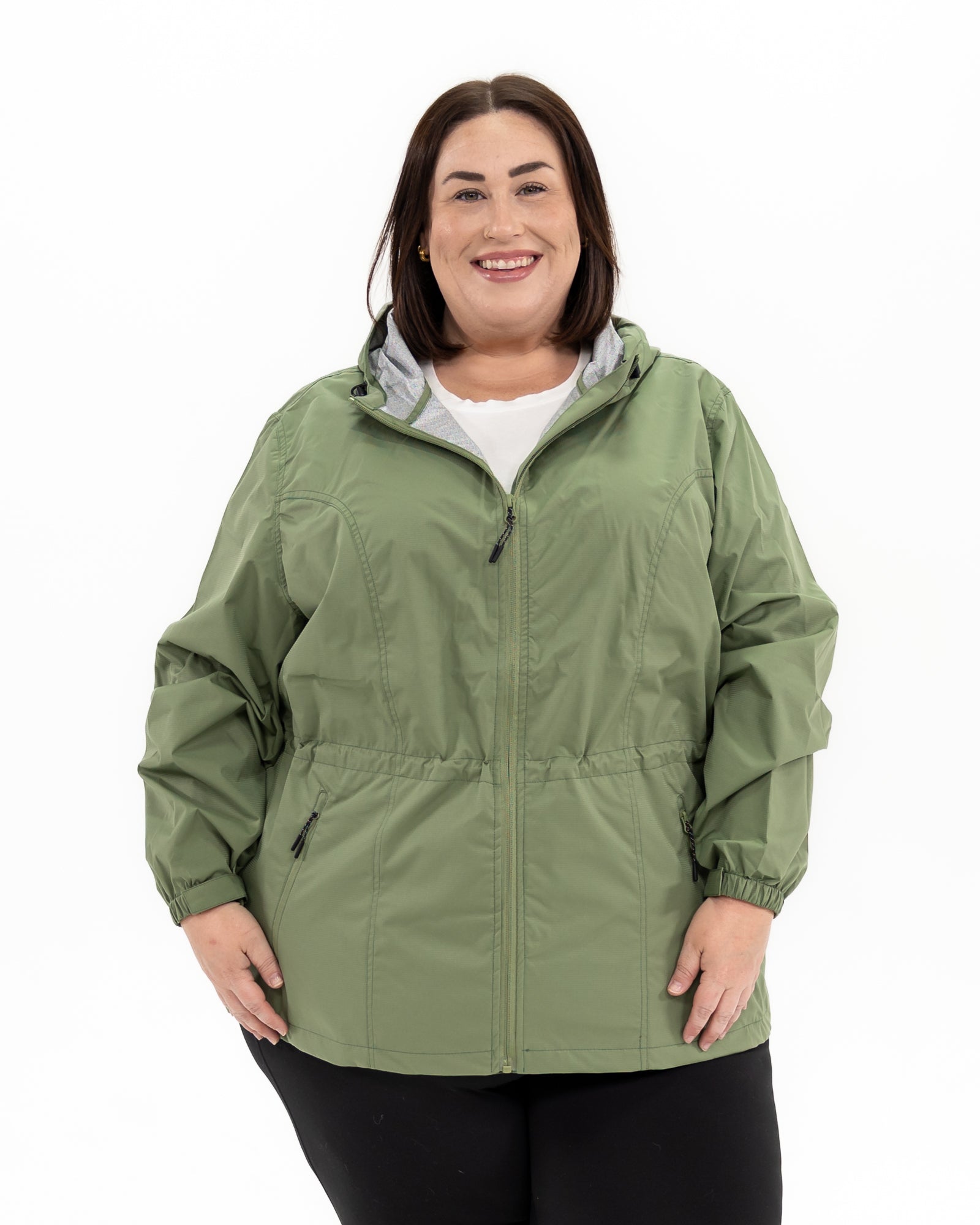 Plus size mystique rain jacket sage 5 | Model is 5'4" and wears a 3X