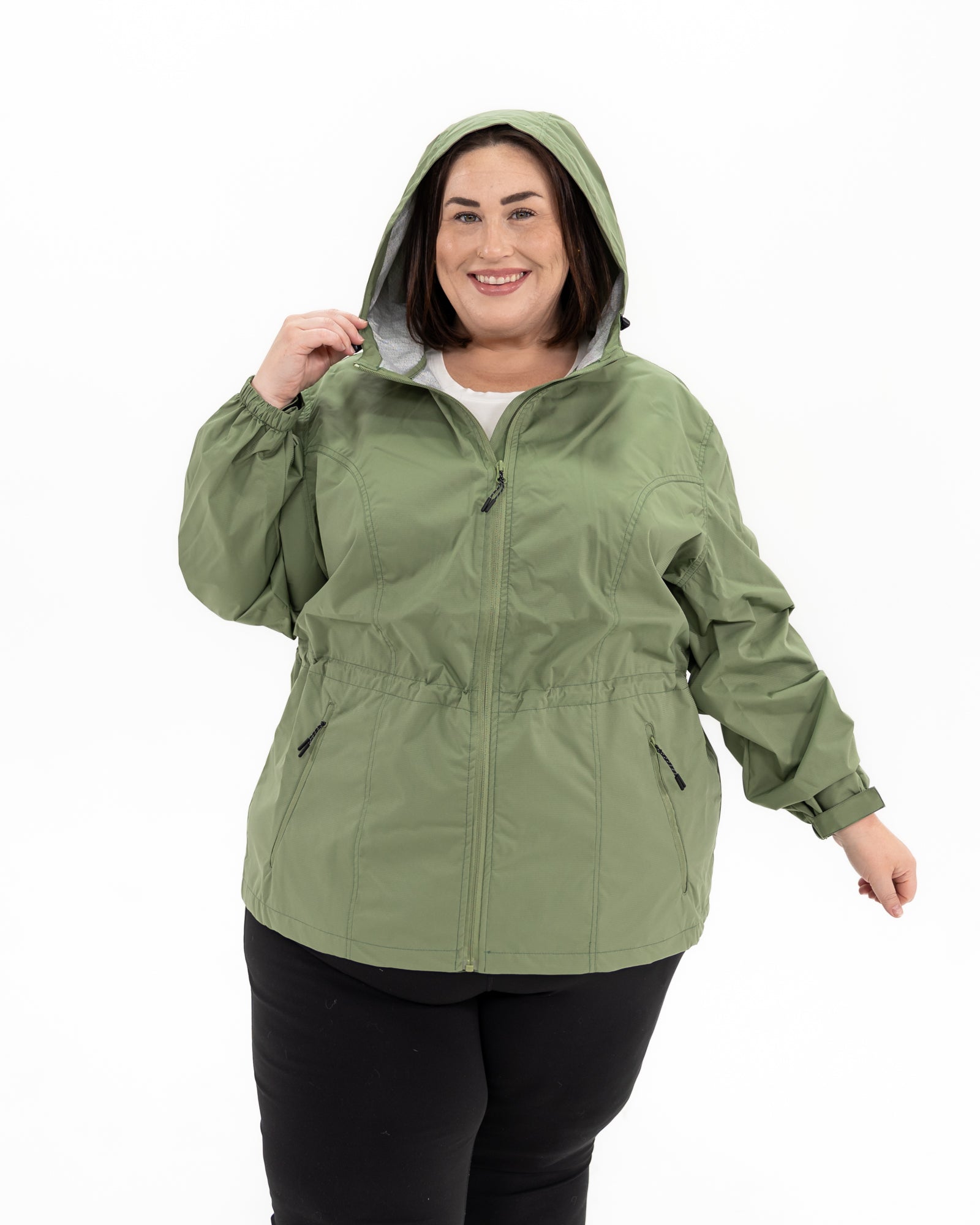 Plus size mystique rain jacket sage 9 | Model is 5'4" and wears a 3X