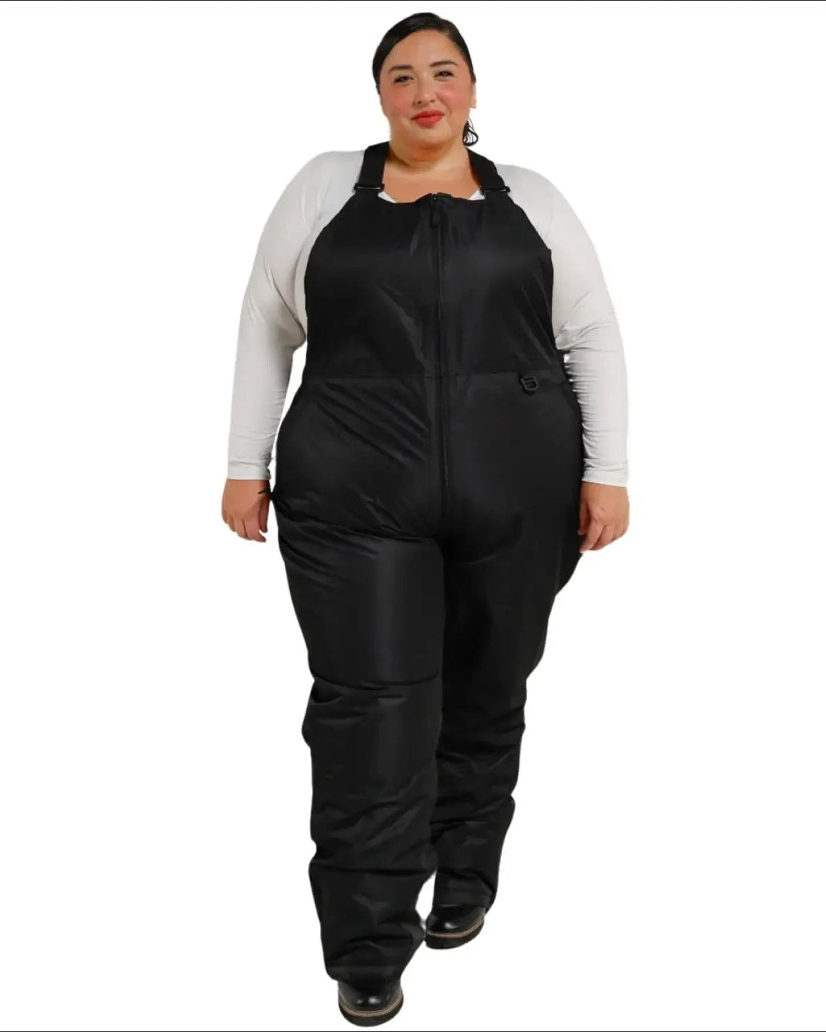 Black women's plus size Overland snow bibs, front, white background