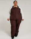 Black Cherry women's plus size Overland snow bibs, front walking