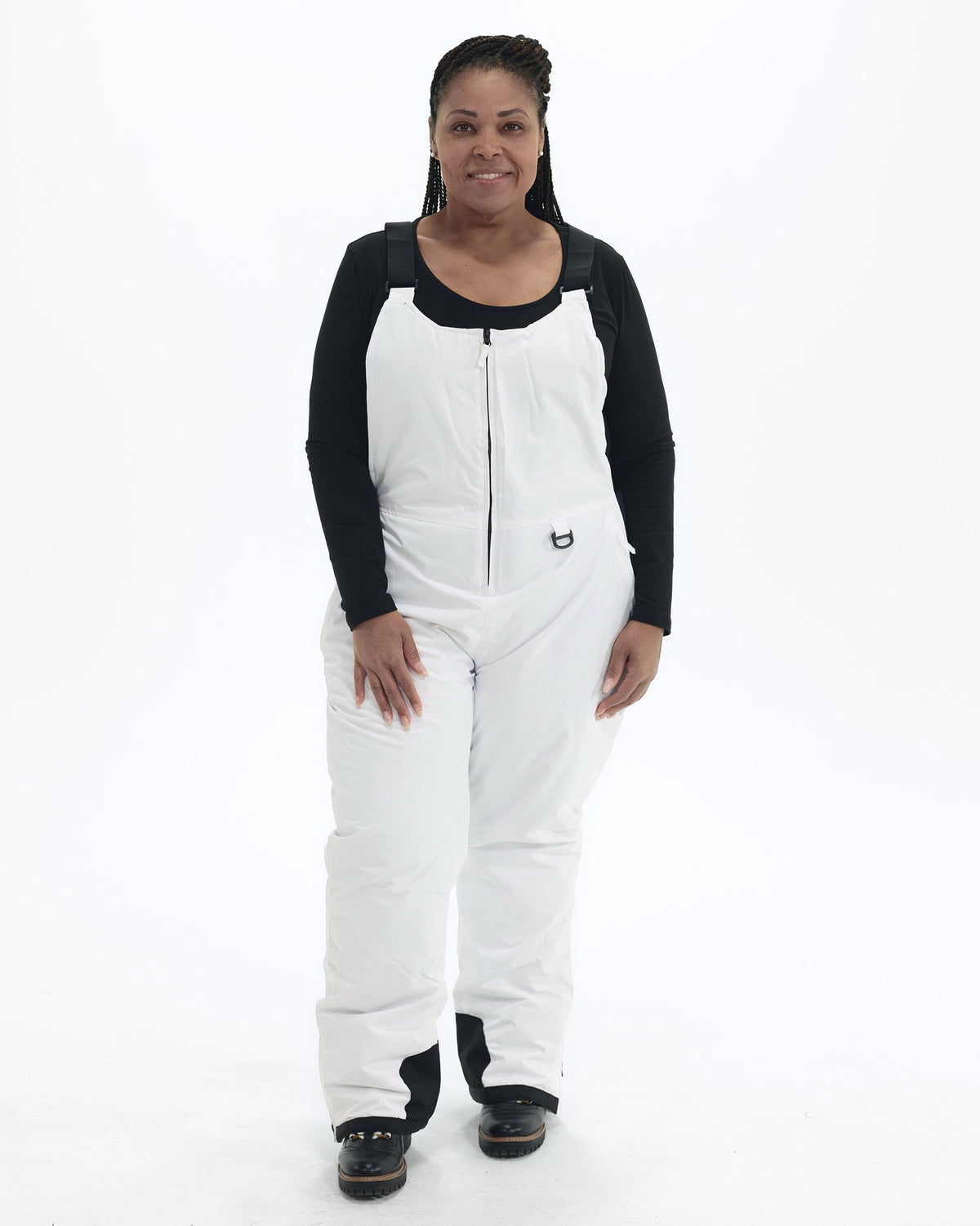White women's plus size Overland snow bibs, front | Model is 5'6" and wears a 1X