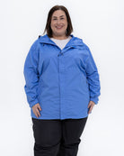 Plus size pod rain jacket blue 1 | Model is 5'4" and wears a 3X