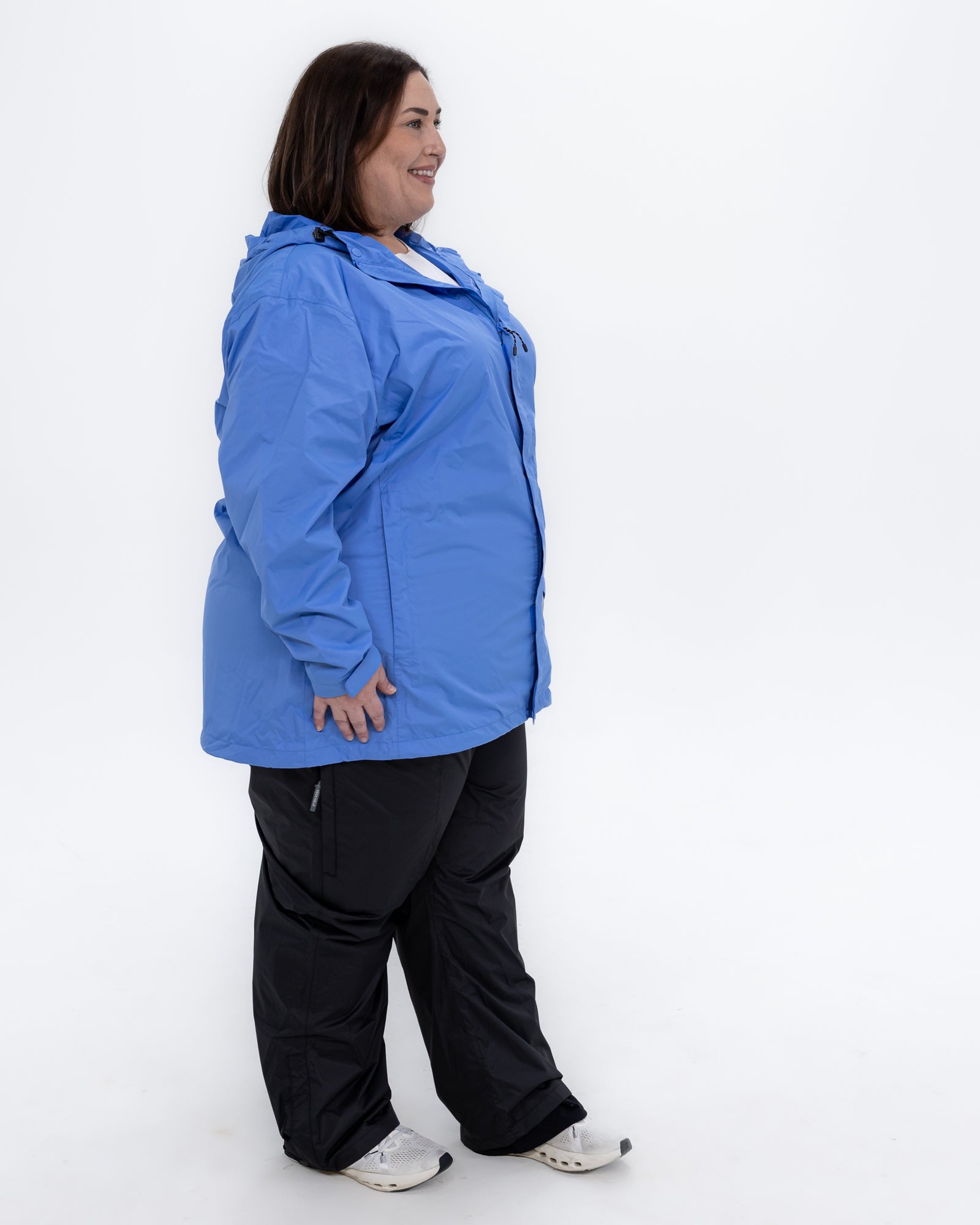 Plus size pod rain jacket blue 3 | Model is 5'4" and wears a 3X