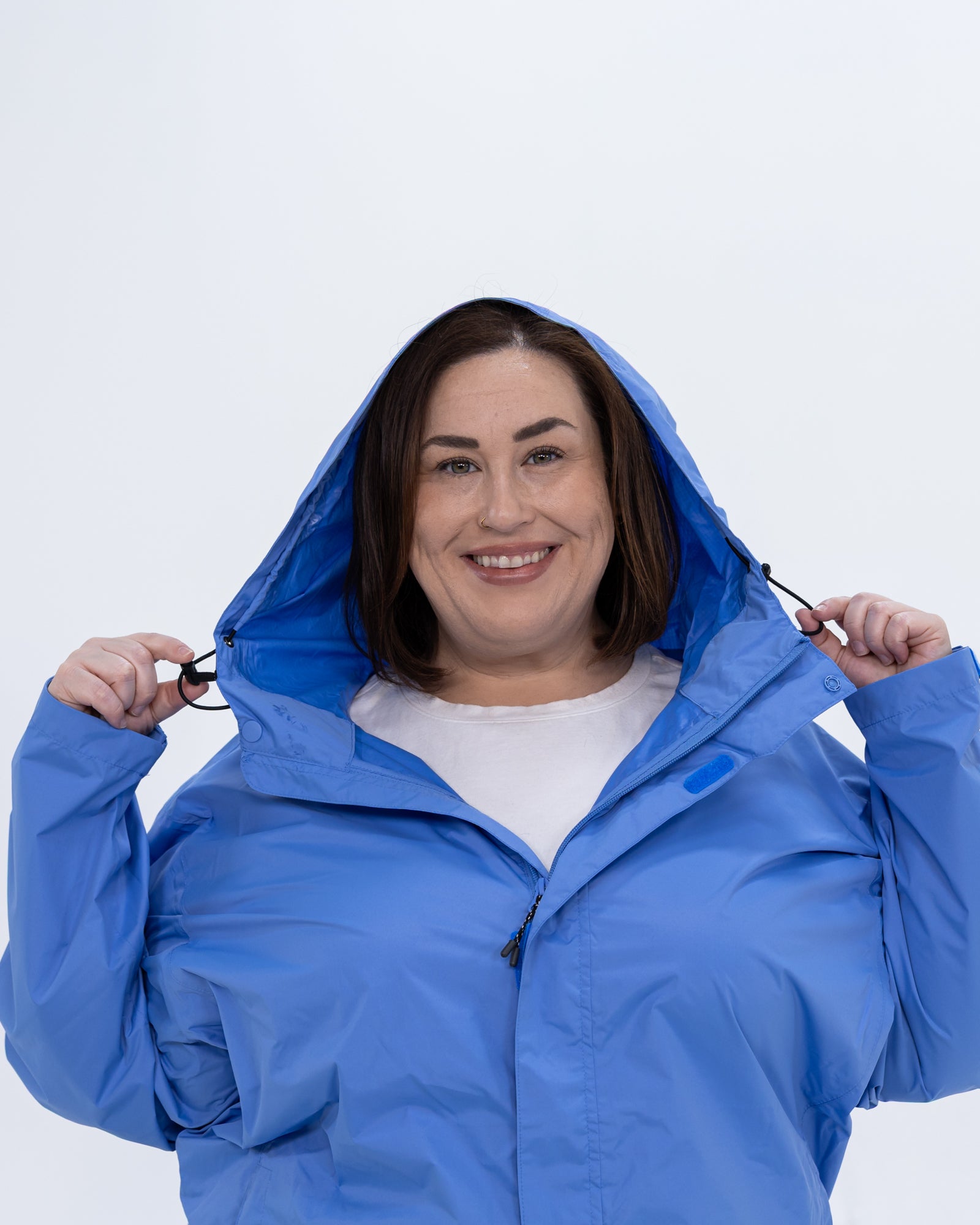 Plus size pod rain jacket blue 6 | Model is 5'4" and wears a 3X