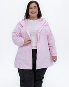 Plus size pod rain jacket pink 1 | Model is 5'4" and wears a 3X