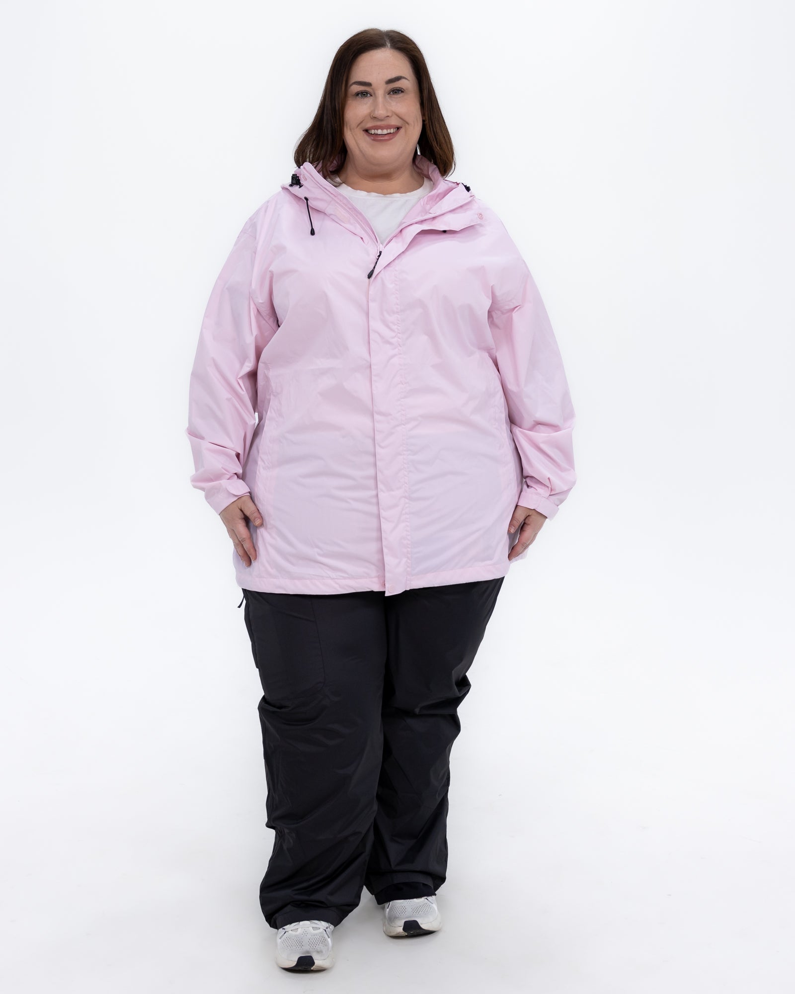 Plus size pod rain jacket pink 3 | Model is 5'4" and wears a 3X