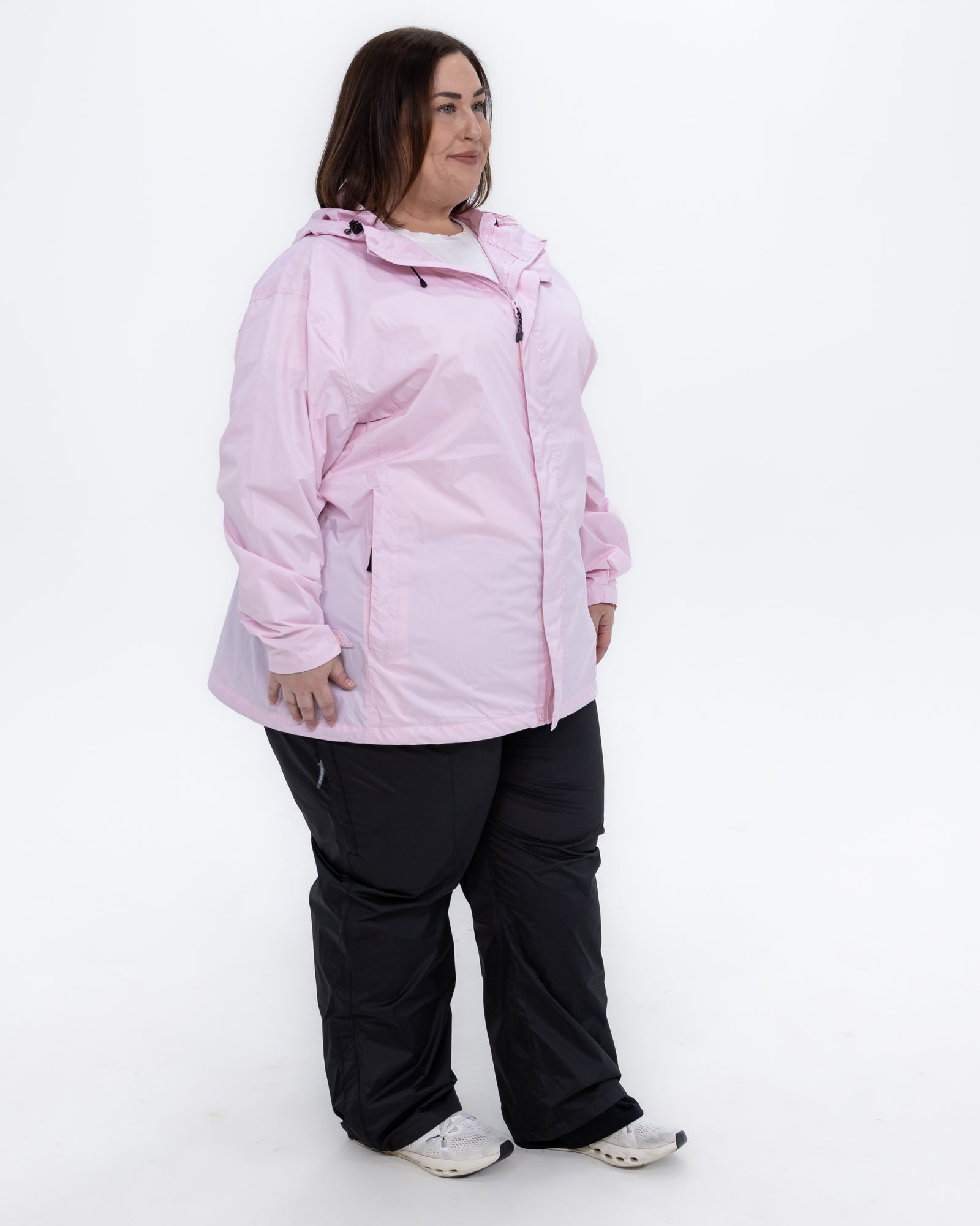 Plus size pod rain jacket pink 4 | Model is 5'4" and wears a 3X