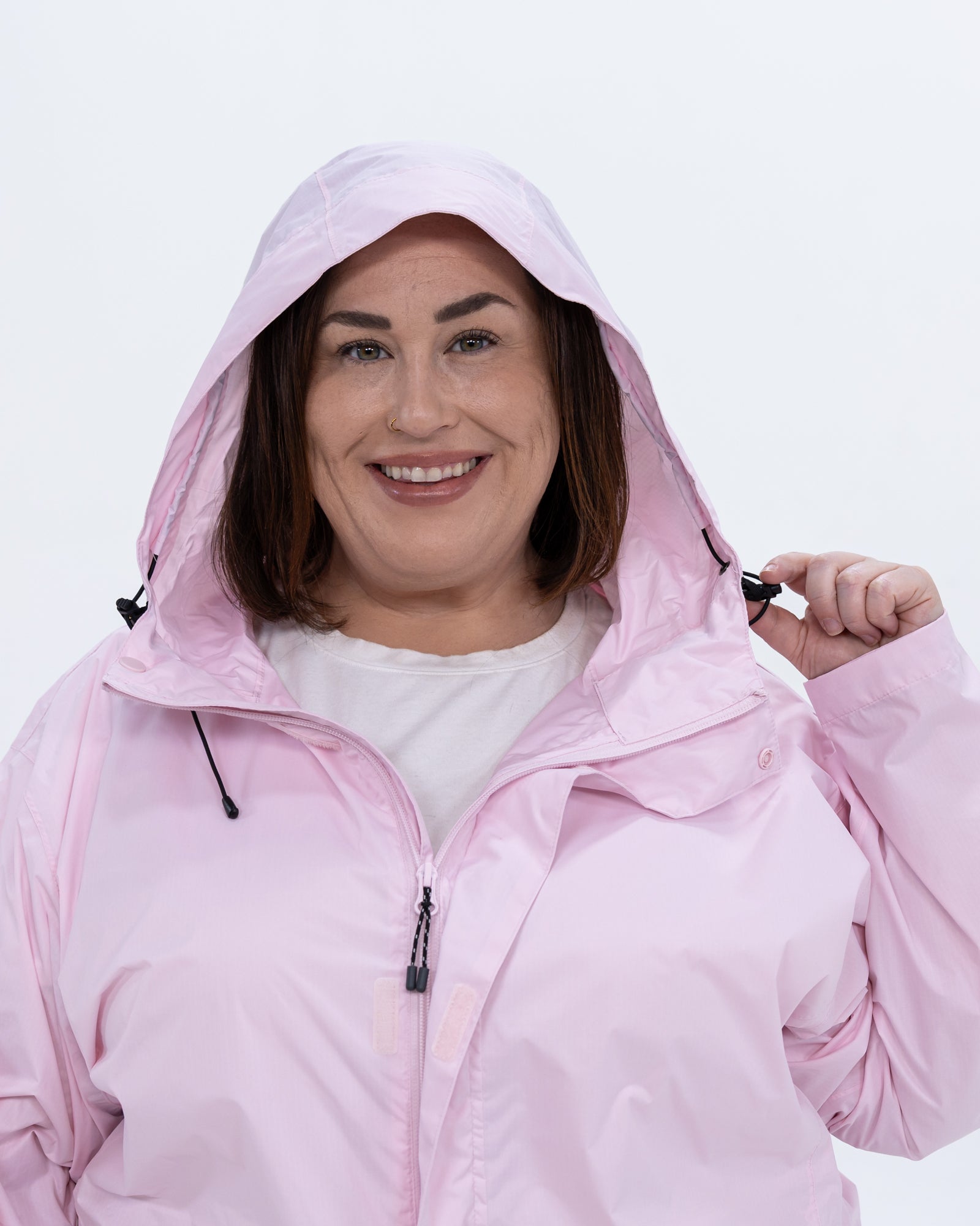 Plus size pod rain jacket pink 7 | Model is 5'4" and wears a 3X