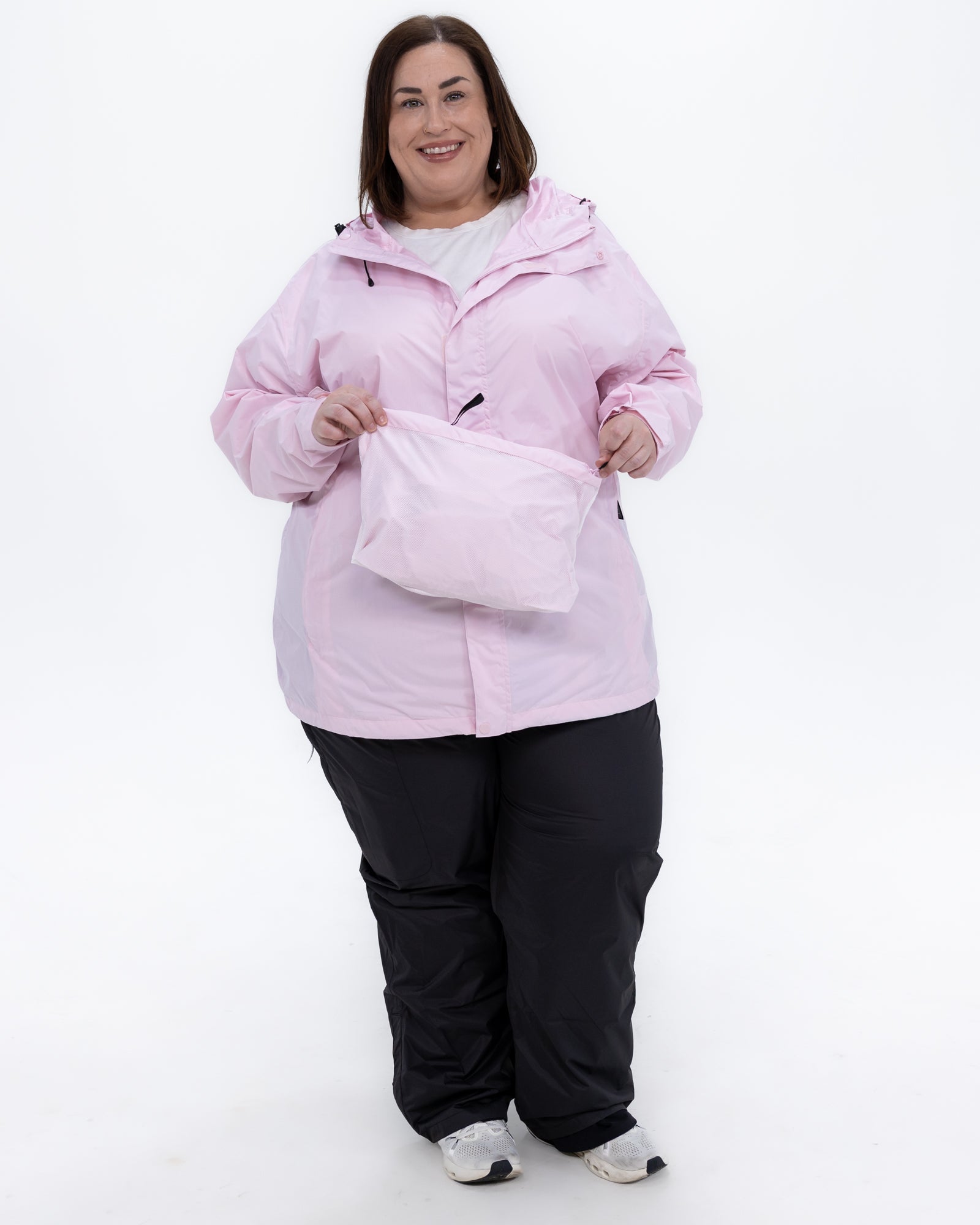 Plus size pod rain jacket pink 8 | Model is 5'4" and wears a 3X