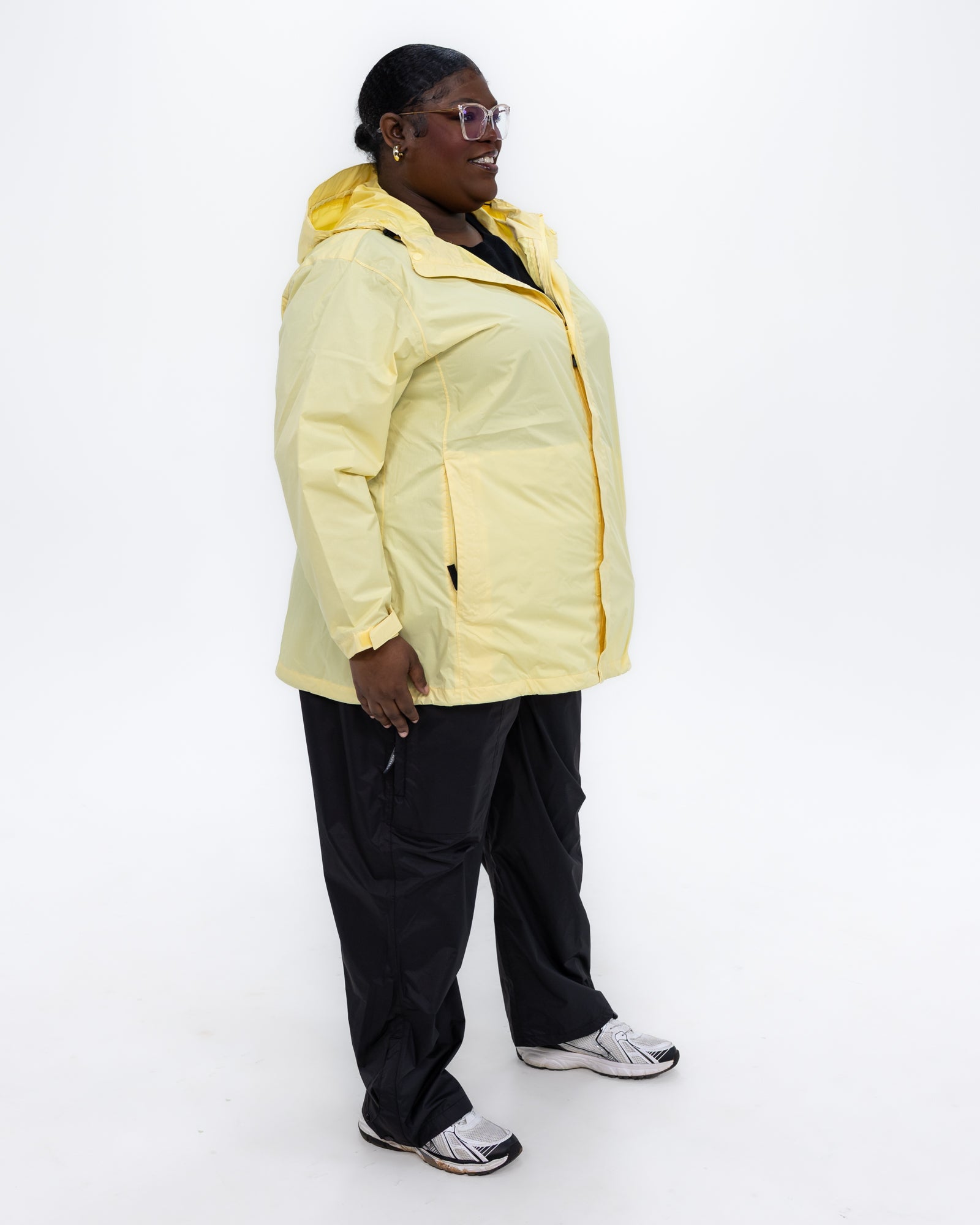 Plus size pod rain jacket yellow 3 | Model is 5'9" and wears a 3X