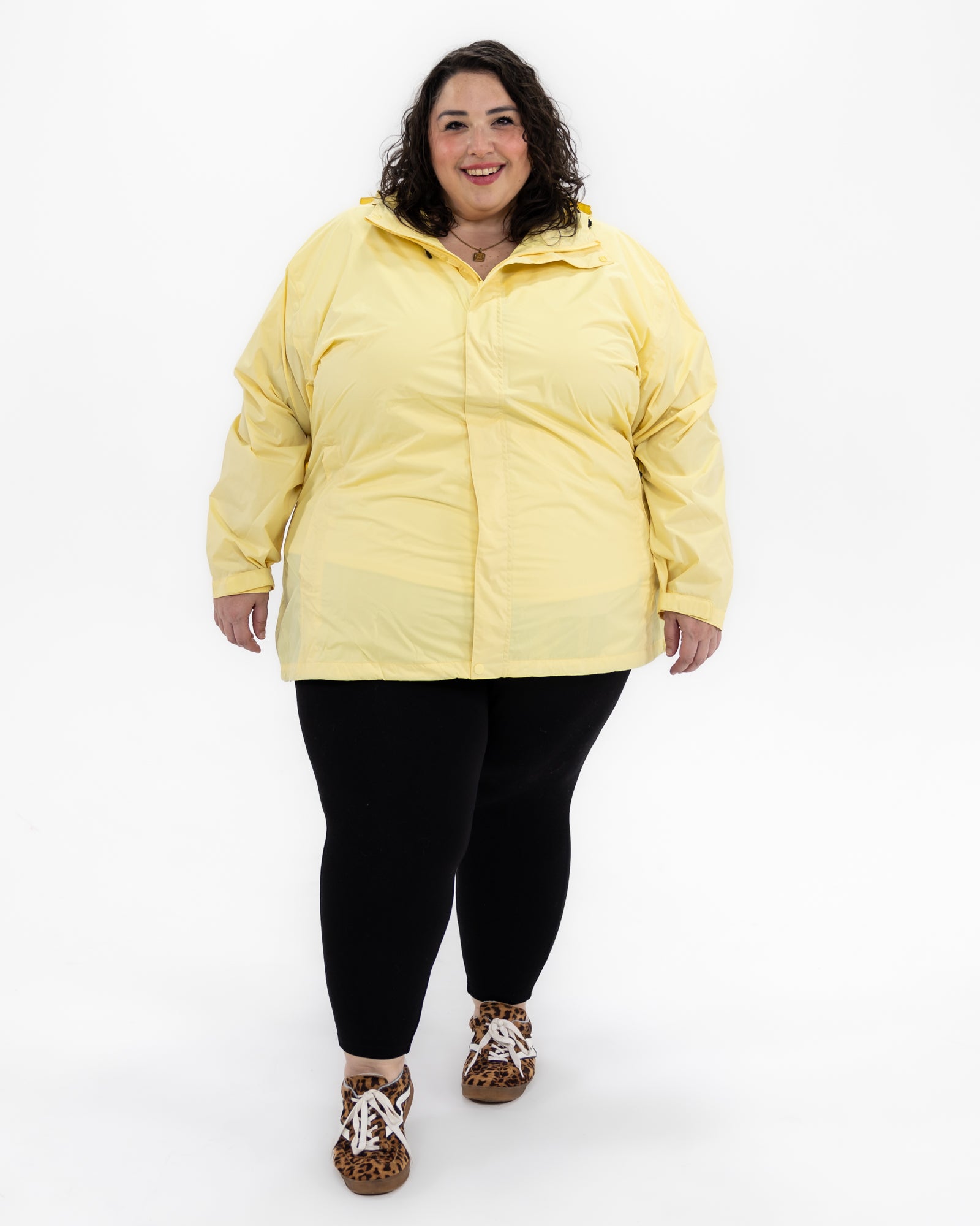 Plus size pod rain jacket yellow 8 | Model is 5'3" and wears a 5X