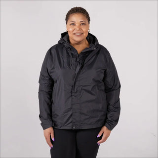 Black hooded rain jacket for women Plus Size waterproof and packable in various sizes
