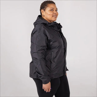 Black hooded rain jacket for women plus size waterproof and lightweight Packable style