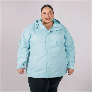 Light blue hooded rain jacket for women plus size waterproof and packable