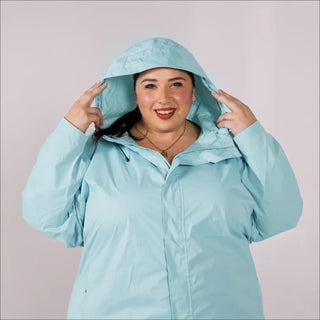Light blue hooded raincoat for women plus size waterproof packable lightweight jacket