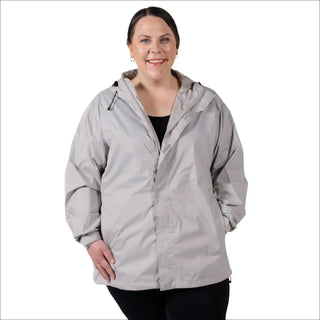 Woman wearing gray hooded rain jacket from The POD plus size waterproof lightweight collection
