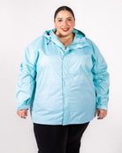 Plus size rain jacket powder blue 1 | Model is 5'3" and wears a 5X