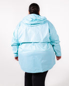Plus size rain jacket powder blue 2 | Model is 5'3" and wears a 5X