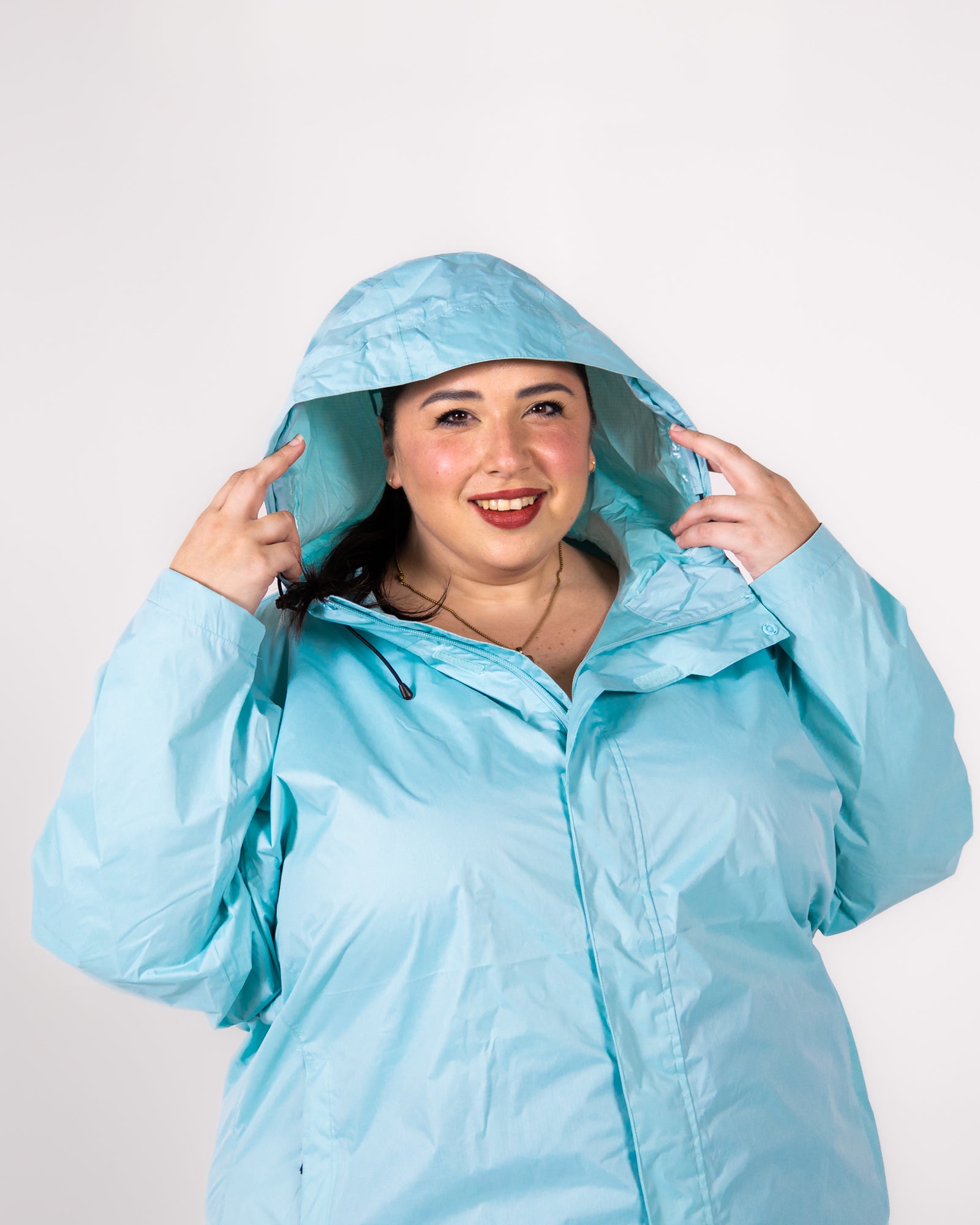 Plus size rain jacket powder blue 4 | Model is 5'3" and wears a 5X