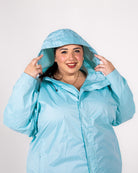 Plus size rain jacket powder blue 5 | Model is 5'3" and wears a 5X