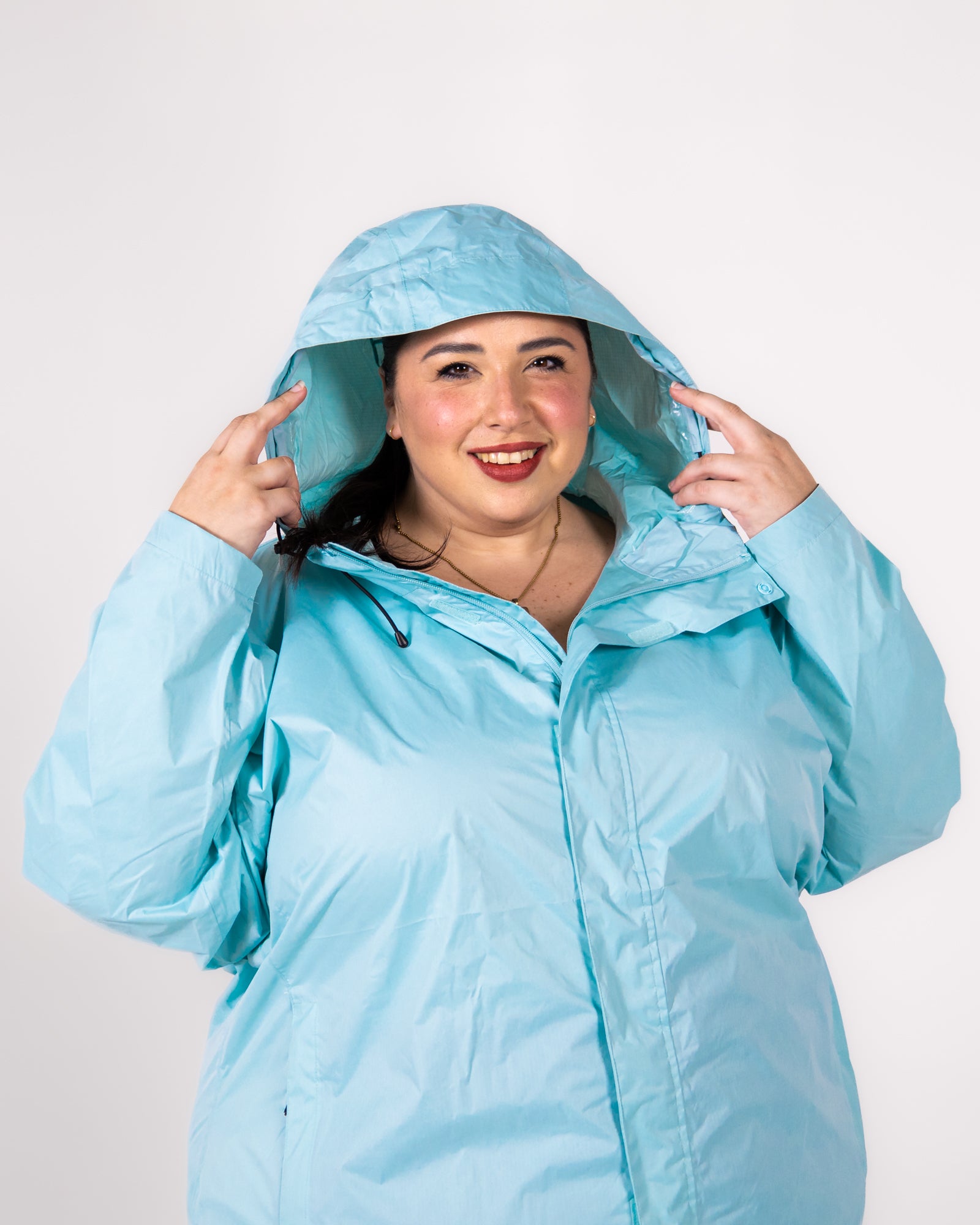 Plus size rain jacket powder blue 5 | Model is 5'3" and wears a 5X